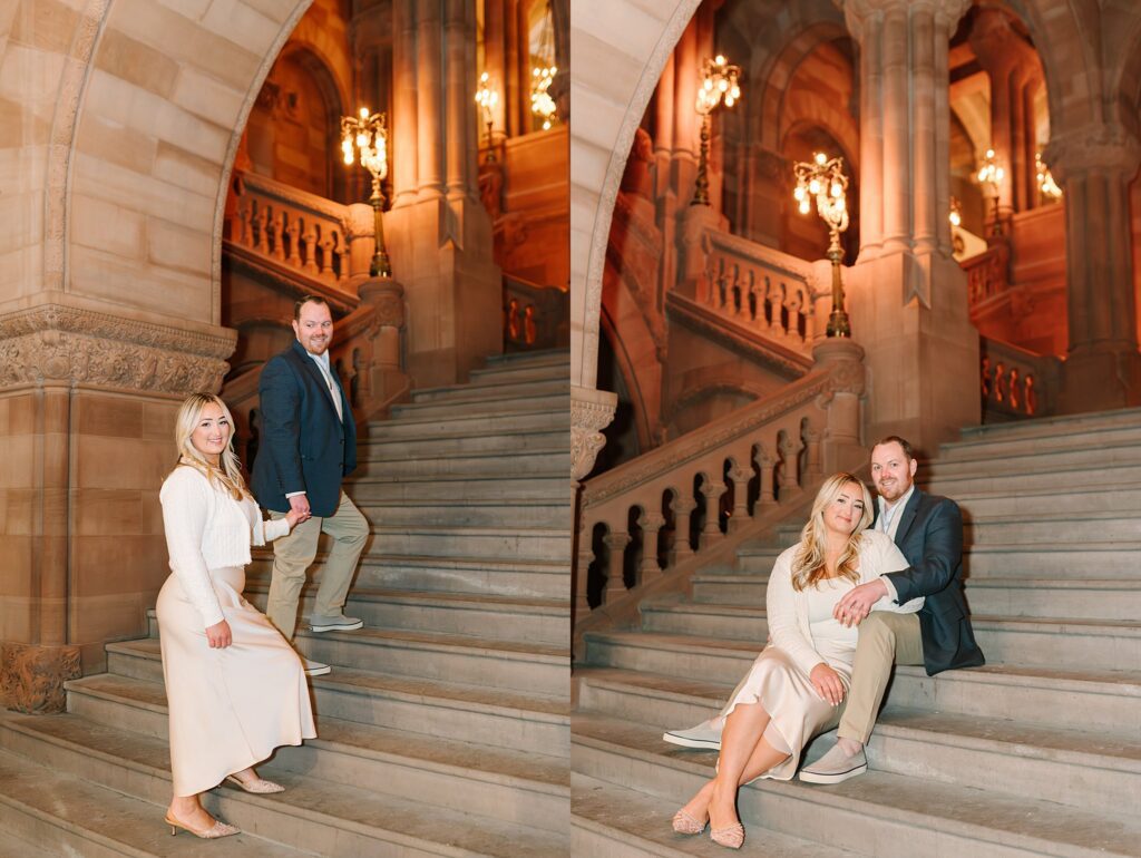 Couple posing on the million dollar staircase, Albany NY