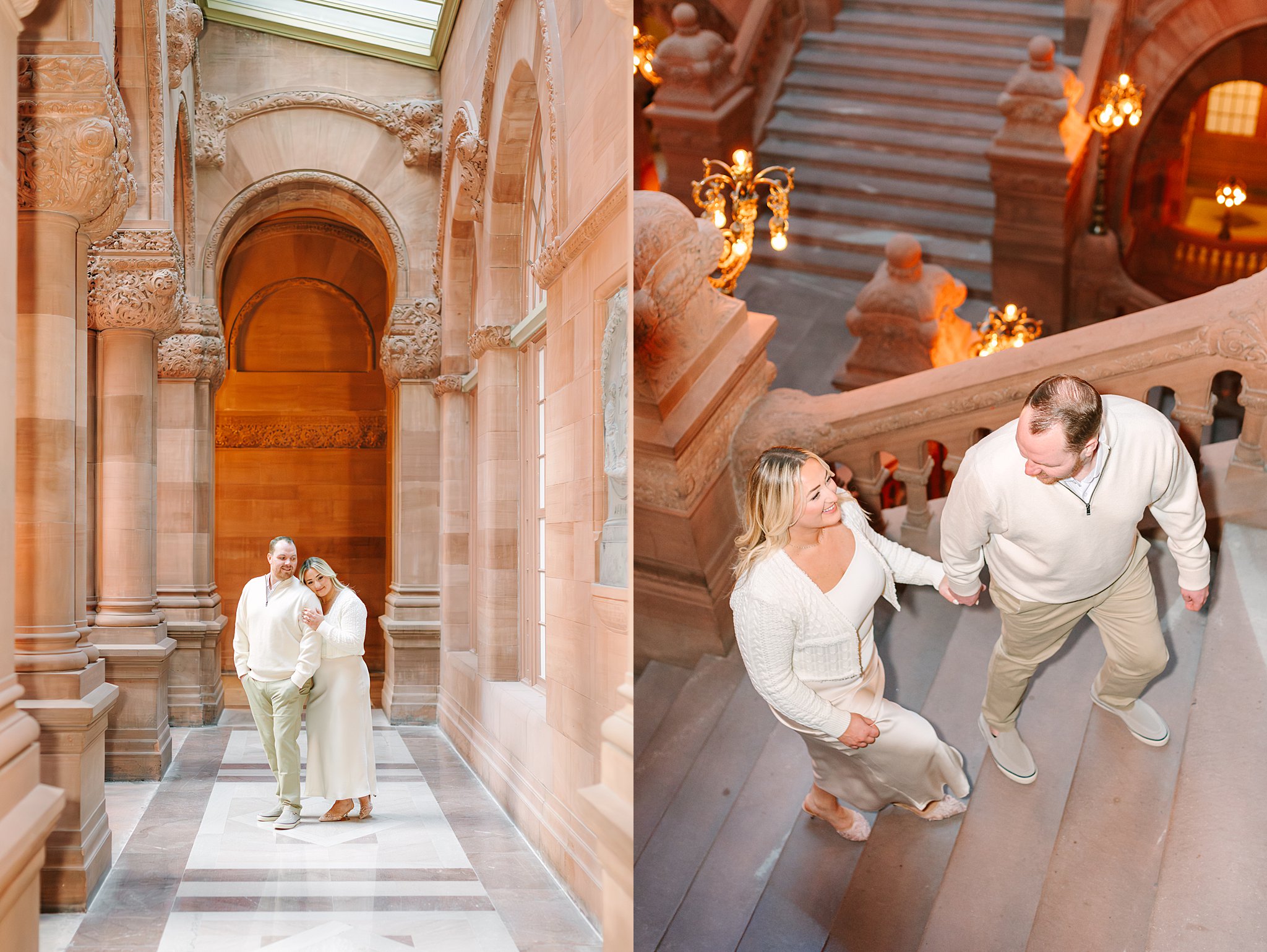 Bride and groom leading her up the stairs timeless portrait