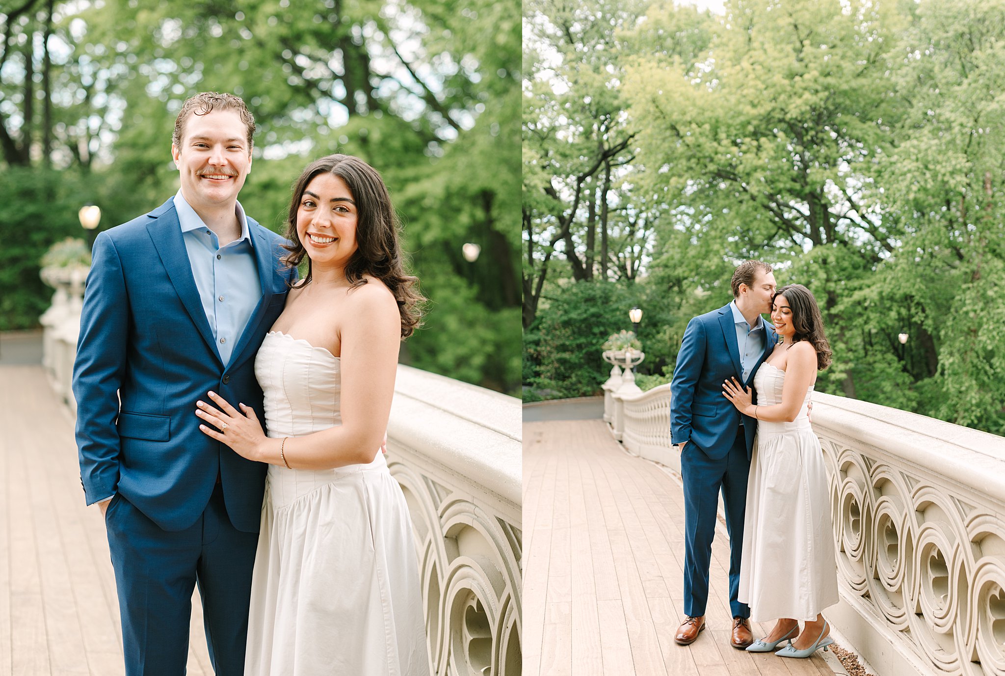 Elegant spring engagement photos at Bow Bridge in Central Park.
