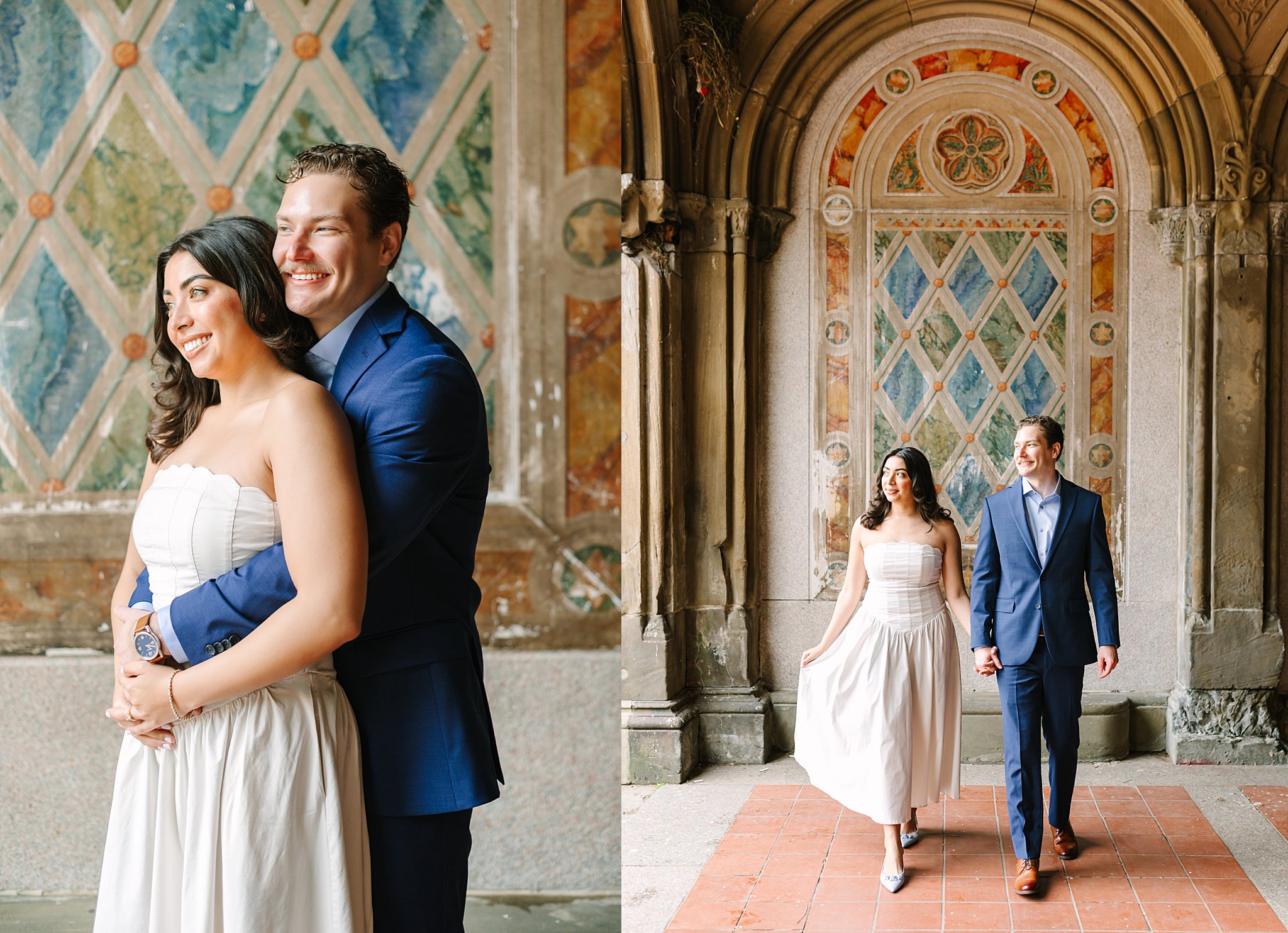 Timeless New York City engagement session featuring iconic Central Park landmarks and spring florals.