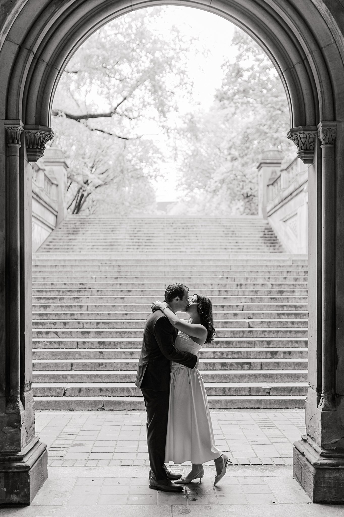 Romantic engagement portraits at Bethesda Terrace in Central Park, New York City.